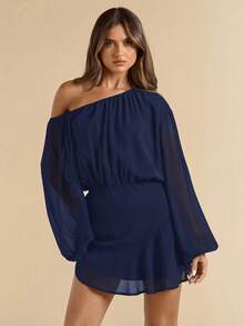 SHEIN BAE Black Chiffon Asymmetric Neck Loose Lantern Sleeve Short Mini Dress For Women, Vacation Chiffon Dress