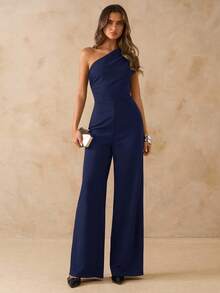 SHEIN BAE Black Asymmetric Asymmetrical Shoulder Fitted Wide Leg Jumpsuit For Women, Elegant Going Out Outfit For Daily, Date, Party, Gathering,Valentine's Day,Valentine Outfits For Women - Navy Blue - View 3