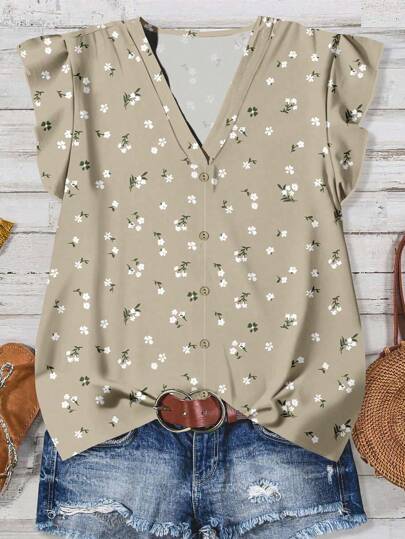 EMERY ROSE 女士休闲碎花V领衬衫，适合夏季穿着，时尚百搭。