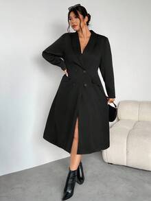 Firerie Plus Size Elegant Black Summer Formal Mandarin Collar Double Breasted Blazer Dress Women,Long Sleeve Flared Hem Tuxedo Jacket For Party,Weddings - Black - View 6