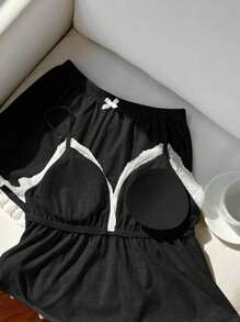 SHEIN EZwear Bộ đồ nữ cỡ lớn gồm áo hai dây và quần short ren phối màu đen. - màu đen - Xem 4