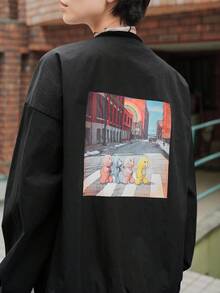 FRIFUL SHEIN X Care Bears 女士休闲时尚街头卡通熊印花落肩宽松夹克 - 黑色 - 查看 16