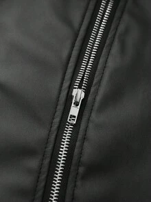 Ellegaria. 拉链短款机车夹克，女士深秋休闲拉链落肩翻领常规版型黑色纯色女士夹克，休闲日常穿着 - 黑色 - 查看 6