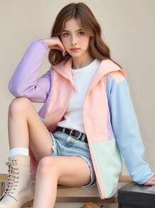 Mädchen Kapuzenjacke dünne Oberbekleidung, lässig und bequem, Herbst/Winter, Neu für Schulanfang, Strickjacke mit Reißverschluss, Farbblock, Langarm, tailliert