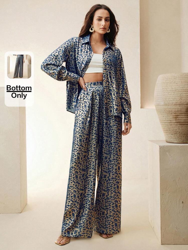 Women's Autumn/Winter New Stylish Vintage Elegant Fashion Casual Comfortable Blue Leopard Print High Waist Wide Leg Loose Basic Pants, Suitable For Dates, Parties, Halloween, Christmas