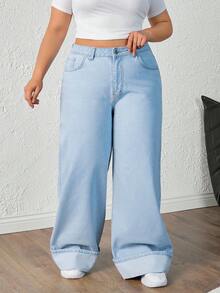 RueChic 高腰阔腿牛仔裤 休闲风 - 淺色水洗藍 - 查看 5