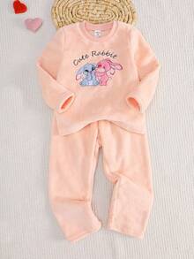2pcs/Set Young Girl' Long Sleeve Fleece Rabbit Cartoon Cute Comfortable Casual Home Wear, Winter Fall