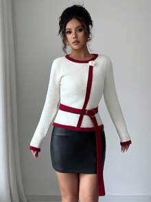 Elenzga Women's Contrast Red Trim Knit Sweater With Belt, Versatile And Fashionable