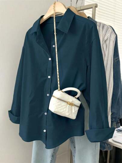 SHEIN Plus Size Women's Solid Color Long Sleeve Single-Breasted Casual/Work Shirt Fall Cloth For Women