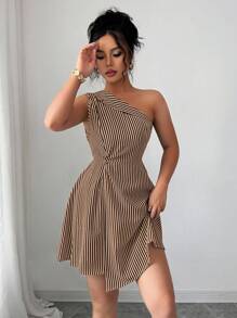 Elenzga Striped Asymmetric Collar Waist Twist Patchwork Asymmetrical A-Line Dress For Women - Multicolor - View 3