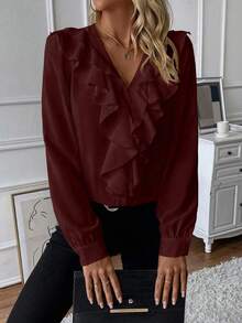 SHEIN LUNE Ruffle Trim Lantern Sleeve Blouse Women Shirt - Burgundy - View 5
