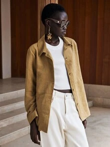 Lumivelle 女式简约宽松休闲仿麂皮长袖薄款夹克 - 黃色 - 查看 4