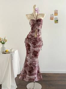 Soleia Spring/Summer Vacation Elegant New Strapless Sleeveless Printed Mesh Top & Pleated Skirt 2 Pieces Set - Multicolor - View 7