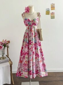 Soleia 女士彩色花卉油画印花褶皱肩带腰 A 字中长连衣裙，度假风 - 彩色 - 查看 1