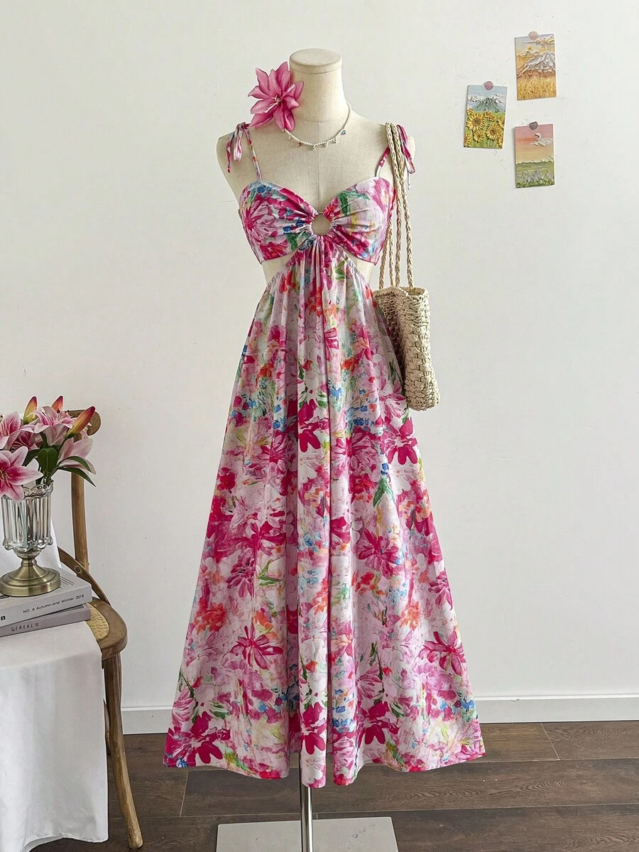 Soleia 女士彩色花卉油画印花褶皱肩带腰 A 字中长连衣裙，度假风 - 彩色 - 查看 1