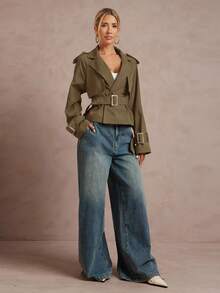 Lumalex Fashionable Casual Short Pleated Women Trench Coat,Fall - Army Green - View 4