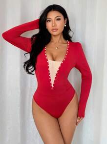 Chiquease Body de mujer con cuello en V, diseño de parches de malla calada y burbujas - Burdeos - Ver 6