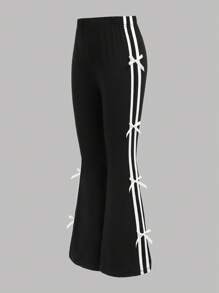 SHEIN Girlism Tween 女童春季黑色蝴蝶结装饰条纹喇叭裤，返校季，居家休闲运动，蝴蝶结装饰甜美运动喇叭裤