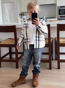 SHEIN 2pcs Young Boy Woven Plaid Casual Shirt And Pants Set Fall Winter - Blue - View 2