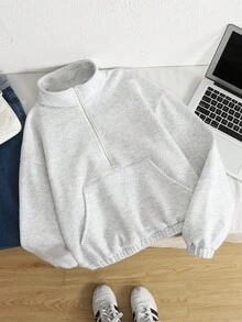 SHEIN 少女服装 灰色落肩拉链半开襟短款运动衫 - 灰色 - 查看 6