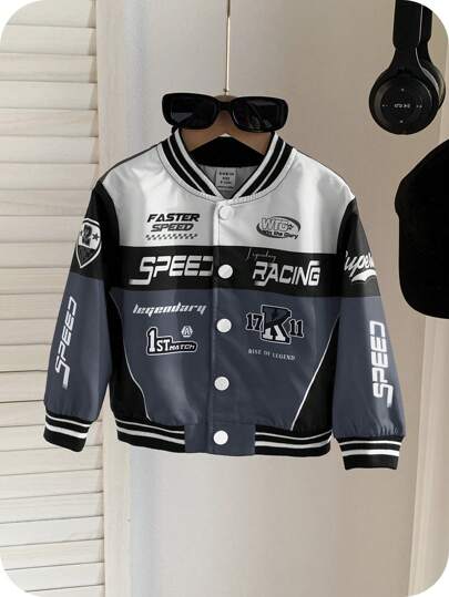 SHEIN Baby Boy Grå & Svart Kontrastfärg Sportig Casual Street Cool Zip-Up motorcykeljacka, lämplig för hem, utomhus, sport - vår, höst och vinter