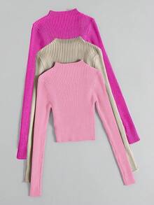 Franclia Solid Color Ribbed Knit Casual Versatile Long Sleeve Pullover Sweater Fall Winter Cloth For Women - Multicolor - View 2