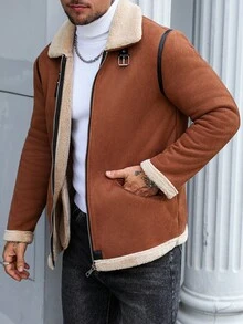 Manfinity CasualCool 男士纯色保暖长袖夹克外套，秋冬季，男士纯色绗缝外套，男士保暖夹克，冬季男士夹克，Gary夹克，保暖内衬夹克，外出浅灰色休闲夹克，送给朋友、丈夫、男友的礼物，男士冬季夹克，羊毛夹克，男士麂皮夹克，棕色夹克，棕色拉链夹克，男士抓绒夹克 - 棕色 - 查看 4