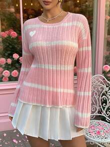 SHEIN Raffinéa Pink Ribbed Cute Heart Decor Women Knitted Pullover Sweater Fall Winter Cloth For Women - Pink - View 3