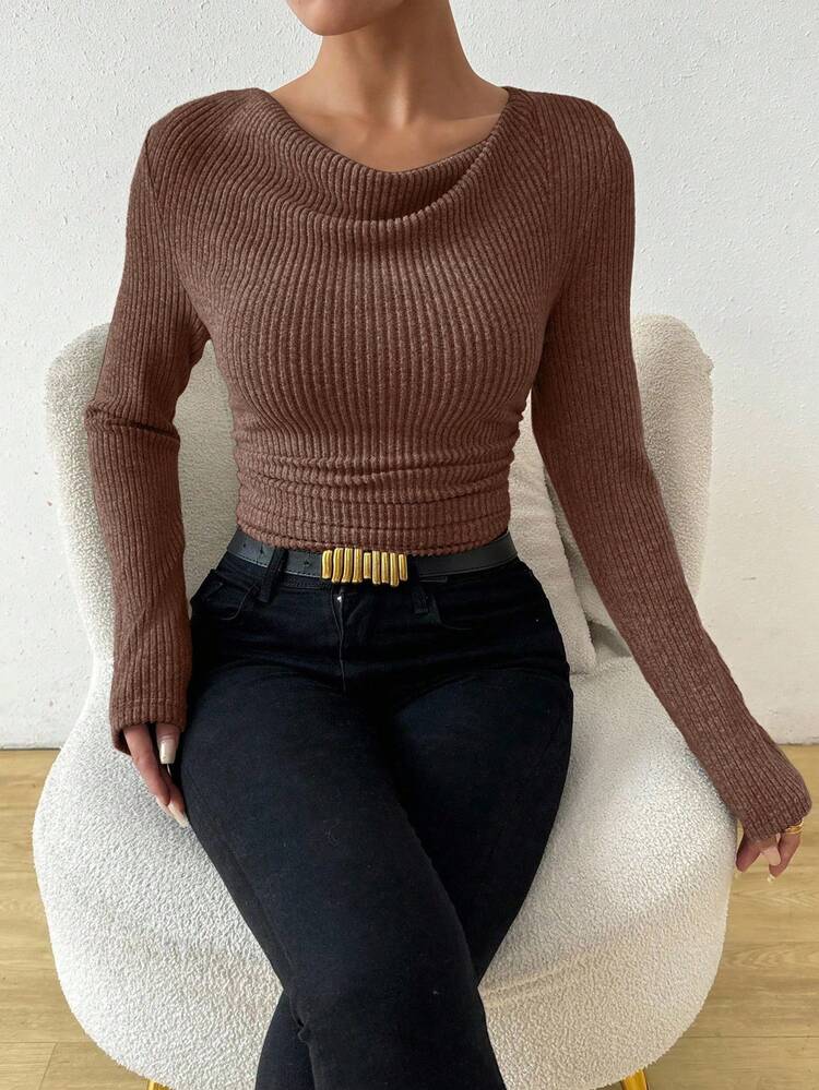 RosyDaze Vintage Asymmetrical Draped Neck Textured Ruched Fitted Long Sleeve T-Shirt Fall Cloth For Women Brown Cowl Neck Top Brown Ribbed Top Ribbed Top Brown Tops For Women Brown Long Sleeve Top - Brown - View 7