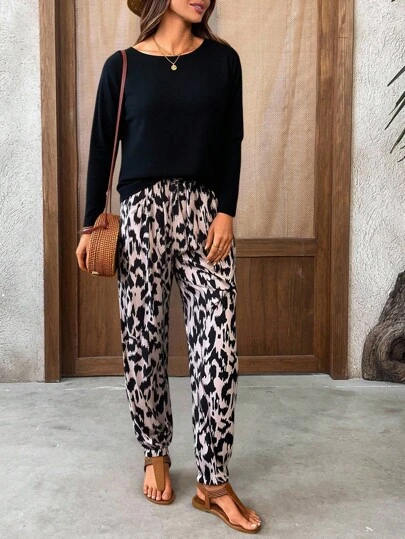 EMERY ROSE 2pcs Women Casual Solid Color Long Sleeve Top And Wide Leg Pants Set 2 Pieces Casual Sets Woman Long Sleeve Sets Cow Print Outfit Women Comfy Sets Women 2pc Set Women 2 Pieces Casual Sets Women Long Sleeve Sets Women Animal Print Outfit Women 2 Pieces Sets Women Fall Clothes For Women