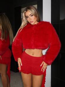 SHEIN ICON Women's Red Christmas Ruffle Solid Color Ribbon Design Fashionable Sexy Low Waist Mesh Mini Skirt