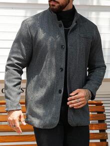 Manfinity Homme Men's Casual Stand Collar Dark Grey Overcoat, Fall/Winter - Dark Grey - View 1