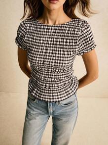 Poéselle Women's Striped Round Neck Short Sleeve Ruffle Hem Fashionable Blouse - Coffee Brown - View 6