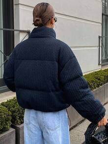 DAZY 女式宽松高领拉链休闲街头装夹棉外套，秋冬夹克 - 藍色 - 查看 2