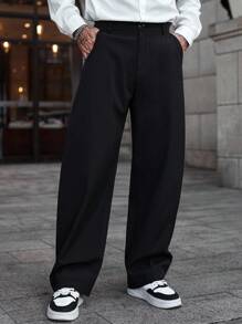 Manfinity CasualCool 1pc Mature Casual Style Suit Pants, Black 4-Way Stretch Knit Fabric, Tapered Leg Design, Casual Chic, Cool Style, Versatile For Commuting, Boyfriend/Husband Gift, Anniversary Gift