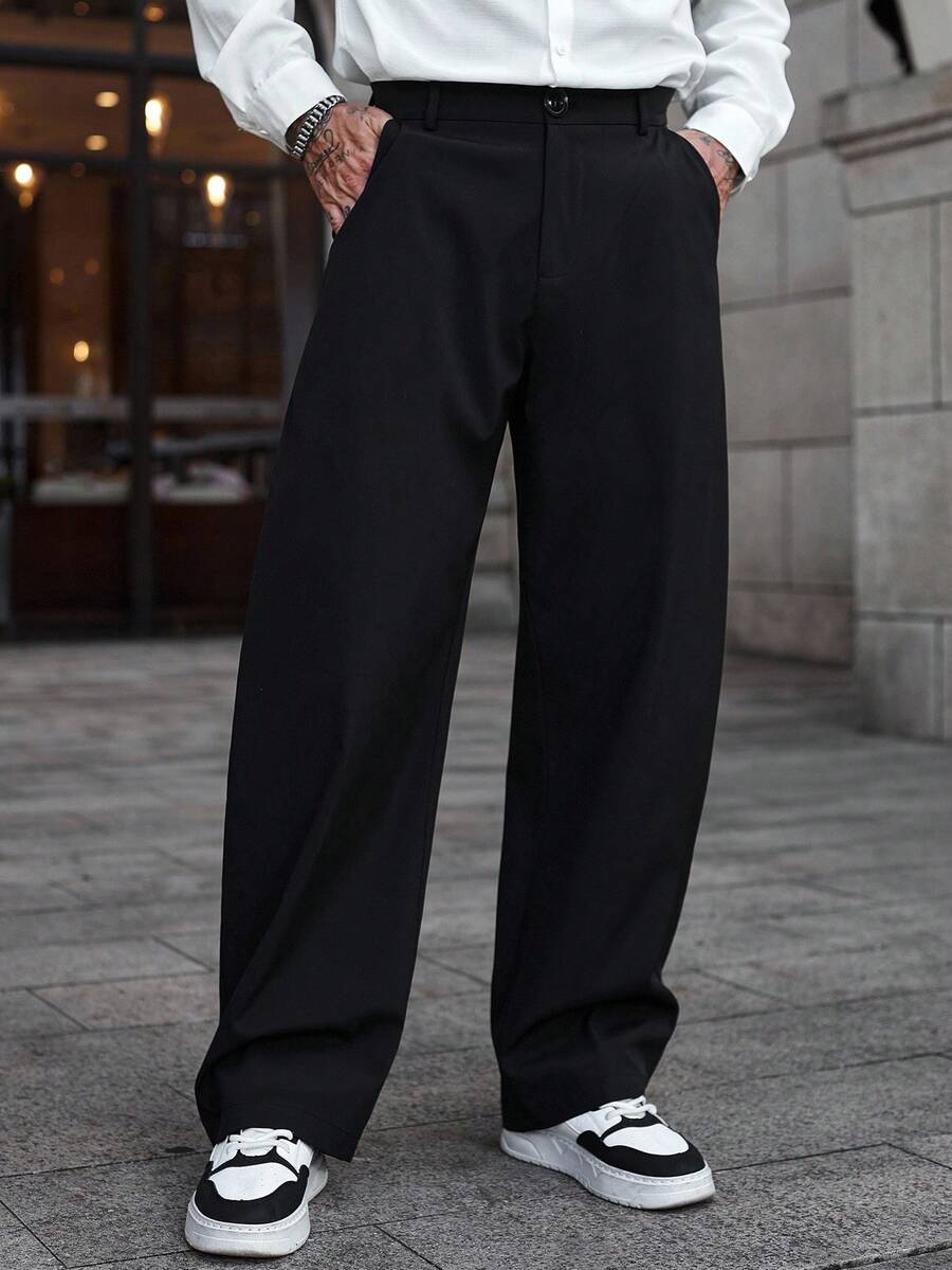 Manfinity CasualCool 1pc Mature Casual Style Suit Pants, Black 4-Way Stretch Knit Fabric, Tapered Leg Design, Casual Chic, Cool Style, Versatile For Commuting, Boyfriend/Husband Gift, Anniversary Gift