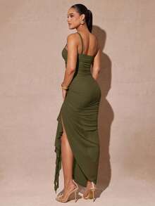 xheSilquee Elegante vestido verde salvia con volantes románticos, abertura alta y vestido de fiesta ajustado con encaje, adecuado para el Día de San Valentín, citas, bodas, bailes de graduaciónxhe - Verde militar - Ver 2