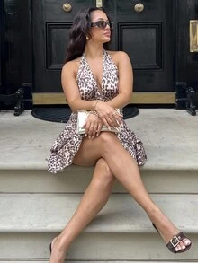 NegzBox Leopard Print Deep V Neck Backless Ruched Ruched Hem Mini Dress, Simple Casual Resort Elegant Everyday Cocktail Dress For Women, Spring/Summer - Multicolor - View 1