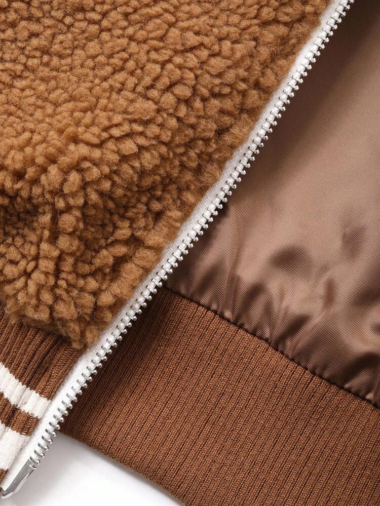 Men's Autumn/Winter Baseball Jacket With Brown Sherpa Fabric Patchwork Sleeve And Contrast Color Design