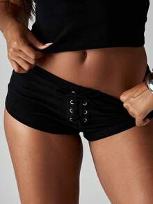 Missguided x Playboy Studded Rhinestone Logo Hot Pants Summer Festival Shorts With Lace Up Detail - Black - View 5