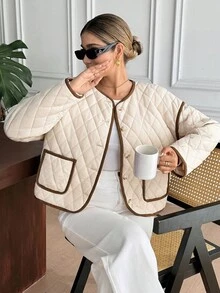 Serisse Áo khoác dài tay có túi cài nút phía trước họa tiết tương phản dành cho nữ - Màu be - Xem 3