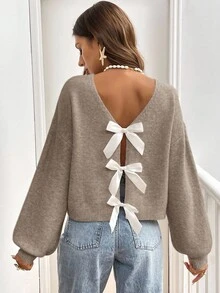 Serisse Casual Bow Decor Lantern Sleeve Sweater, Autumn/Winter,Cozy Fall And Winter Clothes For Women,Fall,Fall Clothes For Women Brown Spring - Khaki - View 5