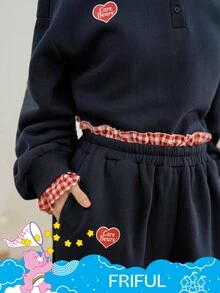 SHEIN X Care Bears FRIFUL 2件套女士格子拼接宽松加厚二合一卫衣和阔腿裤套装