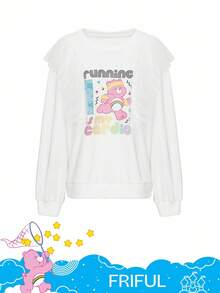 FRIFUL SHEIN X Care Bears 女士圆领撞色网眼拼接宽松卡通图案前长袖休闲T恤 - 白色 - 查看 13