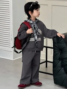 DAZY 2 件套儿童男童羊毛运动衫和裤子休闲运动套装，宽松字母印花，秋季 - 深灰色 - 查看 3