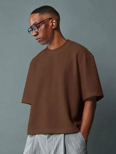  SUMWON Crop Fit Oversized Drop Shoulder T-Shirt Boxy Cut High Quality Jersey Fabric Minimalist Streetwear Crewneck Basic Casual Summer Fall Tee Plain