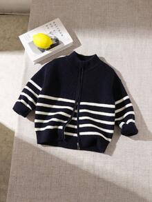 SHEIN Black & White Striped Stand Collar Zip-Up Casual Versatile Cardigan Chic Outfits For Autumn/Winter Toddler Boy Fall Clothes Boys Winter Clothes Boys Sweater Young Boy Clothes Young Boys Striped Sweater