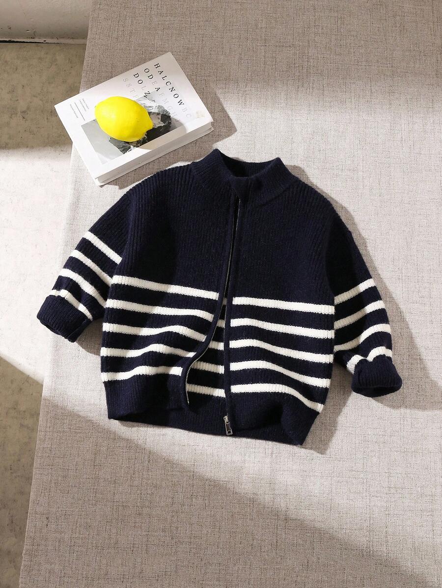 SHEIN Black & White Striped Stand Collar Zip-Up Casual Versatile Cardigan Chic Outfits For Autumn/Winter Toddler Boy Fall Clothes Boys Winter Clothes Boys Sweater Young Boy Clothes Young Boys Striped Sweater