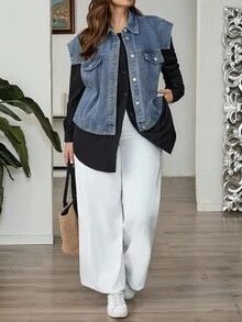 SHEIN CURVE+ 大码女式拼色长款牛仔夹克 - 黑色 - 查看 5