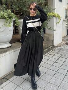 FRIFUL Đầm thường ngày cổ tròn phối vải chắp vá tay dài rộng rãi phối ren màu tương phản cho nữ - màu đen - Xem 6